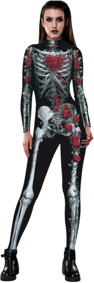 Women Ladies Halloween Cosplay Skull Skeleton Costume Jumpsuits Stretch Skinny Catsuit