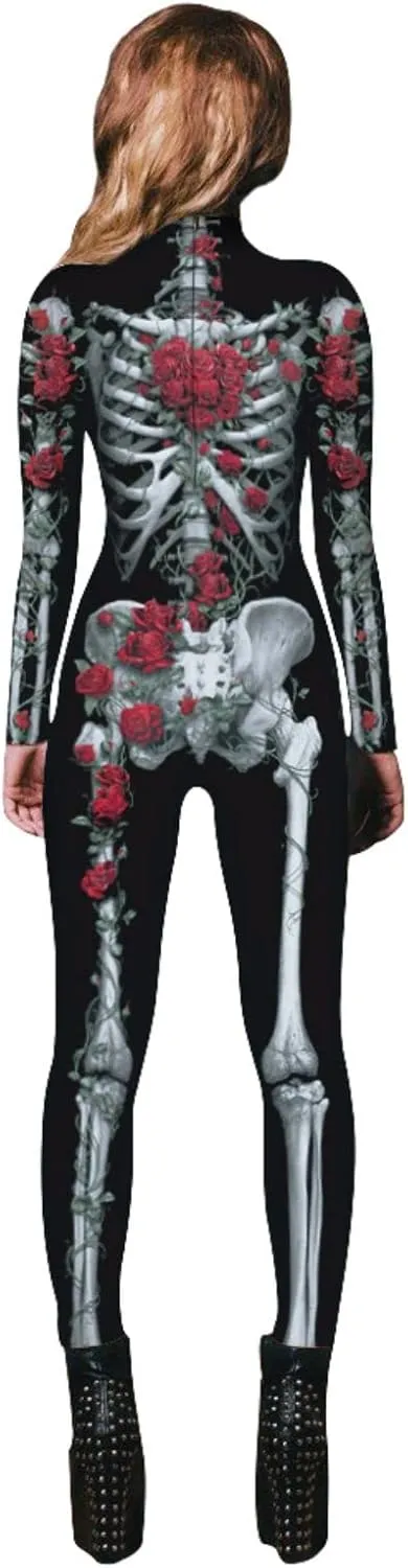 Women Ladies Halloween Cosplay Skull Skeleton Costume Jumpsuits Stretch Skinny Catsuit