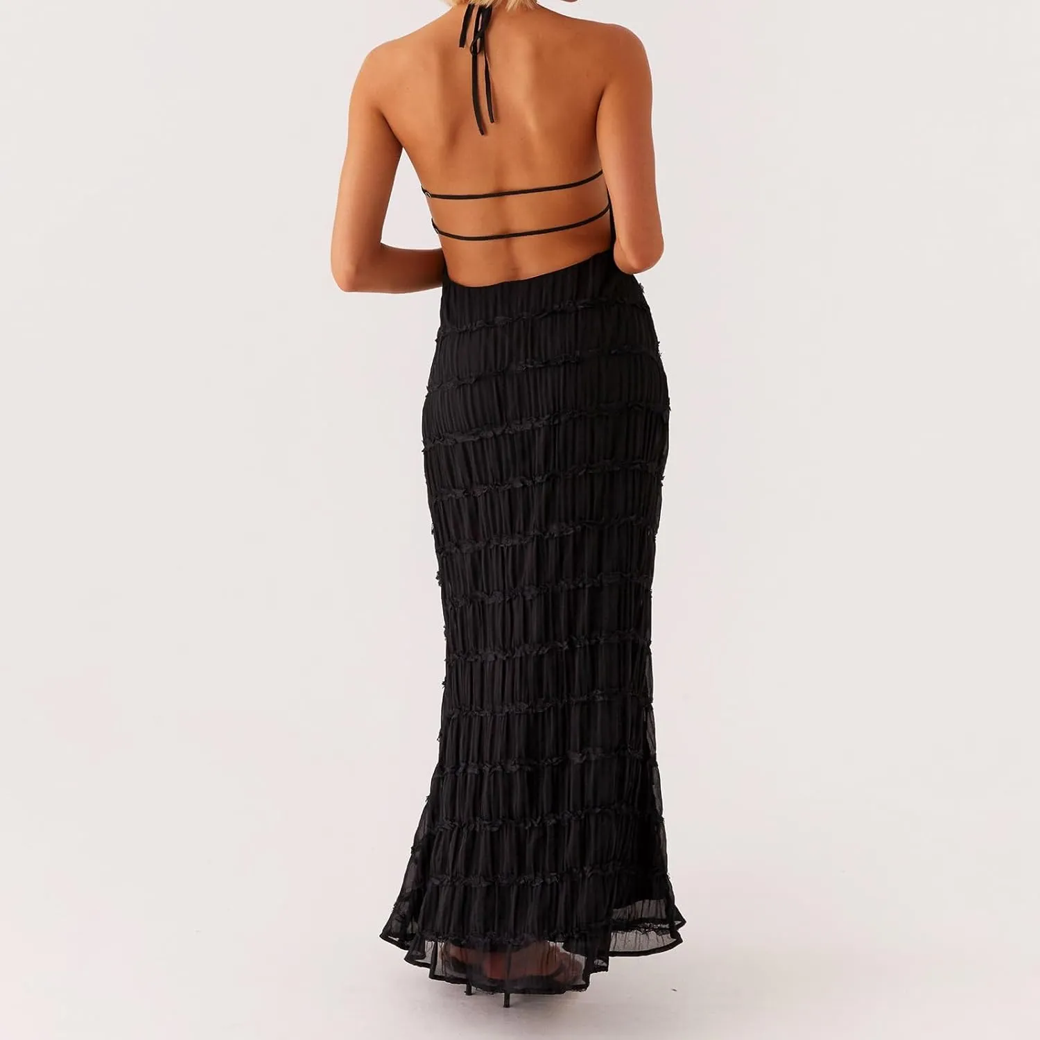 Women Sexy Sleeveless Halter Neck Ruffle Maxi Dress Backless Bodycon Long Dress Summer Vacation Beach Sundress