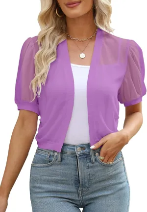 Women Summer Open Front Sheer Short Sleeve Ruffle Cropped Chiffon Capes Bolero Shrug Cardigan