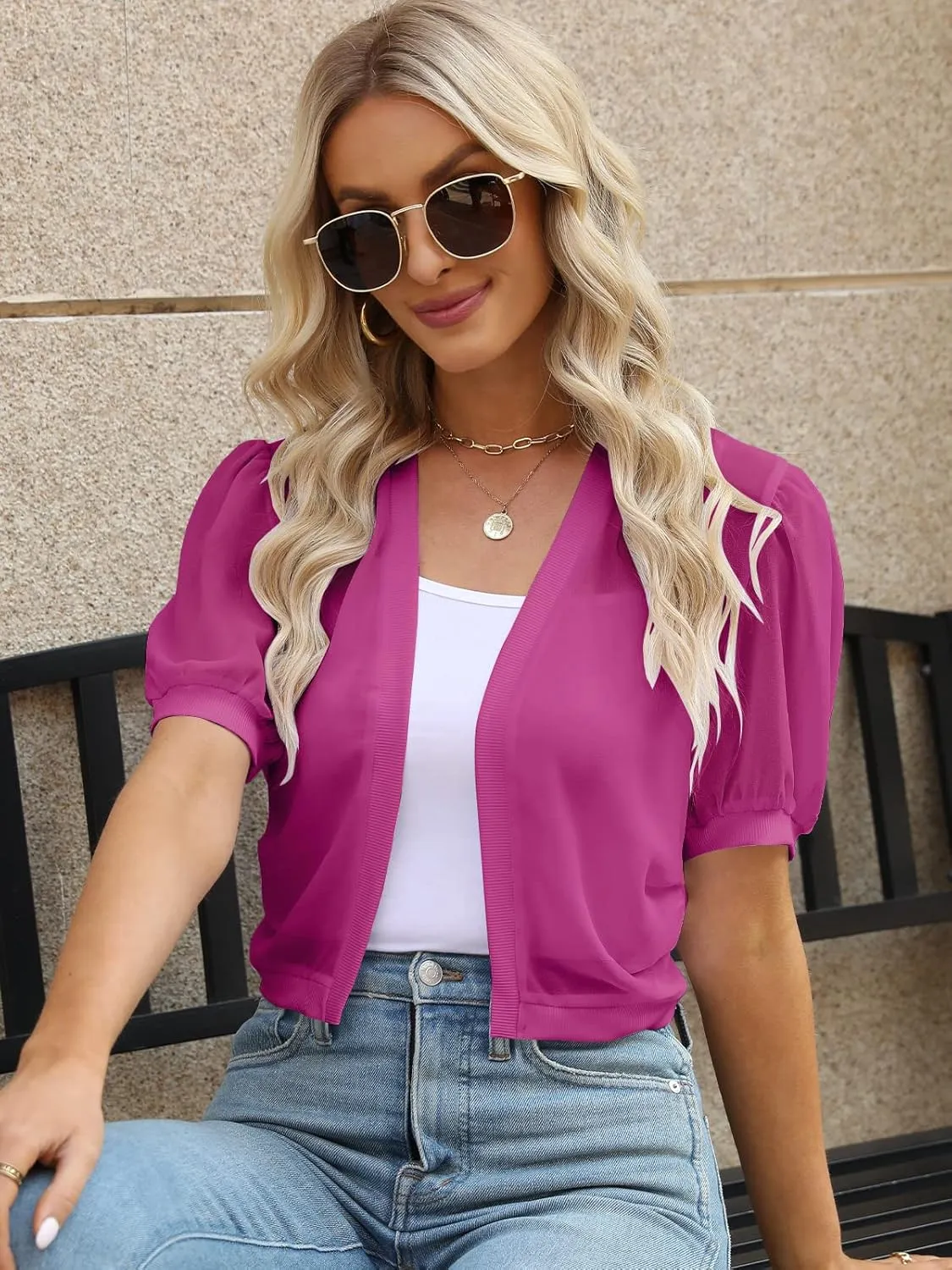 Women Summer Open Front Sheer Short Sleeve Ruffle Cropped Chiffon Capes Bolero Shrug Cardigan