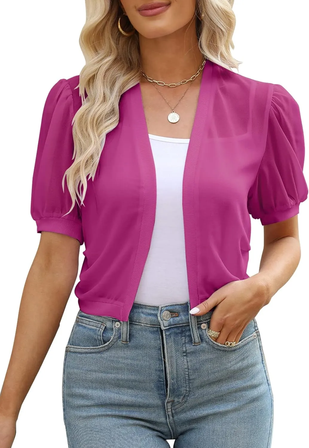 Women Summer Open Front Sheer Short Sleeve Ruffle Cropped Chiffon Capes Bolero Shrug Cardigan