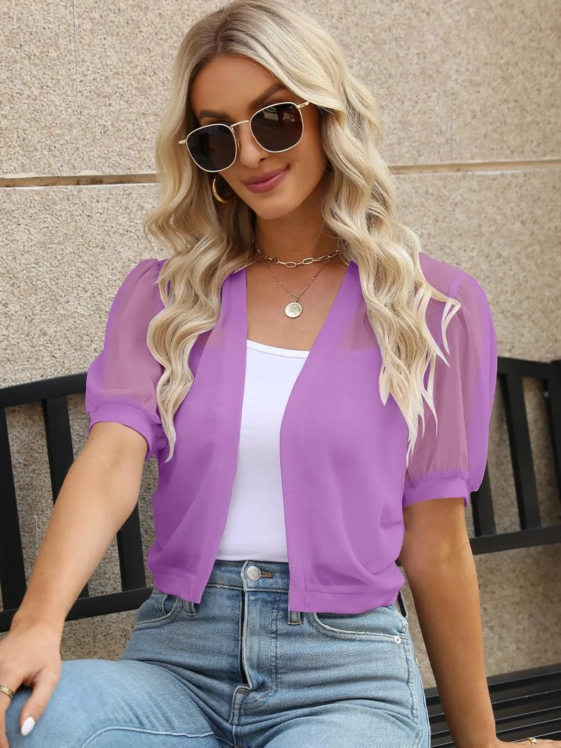 Women Summer Open Front Sheer Short Sleeve Ruffle Cropped Chiffon Capes Bolero Shrug Cardigan