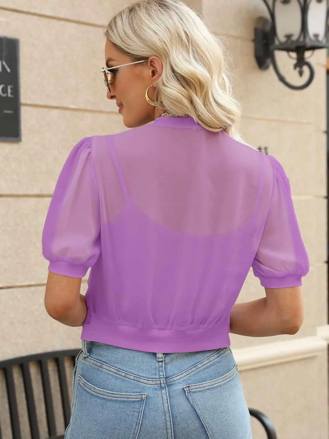 Women Summer Open Front Sheer Short Sleeve Ruffle Cropped Chiffon Capes Bolero Shrug Cardigan
