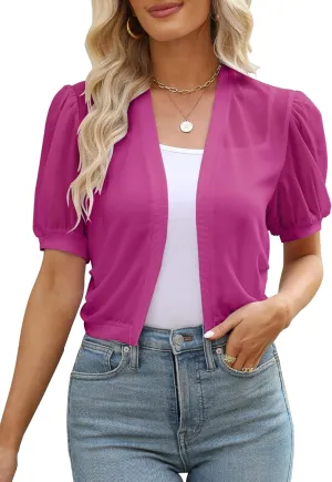 Women Summer Open Front Sheer Short Sleeve Ruffle Cropped Chiffon Capes Bolero Shrug Cardigan