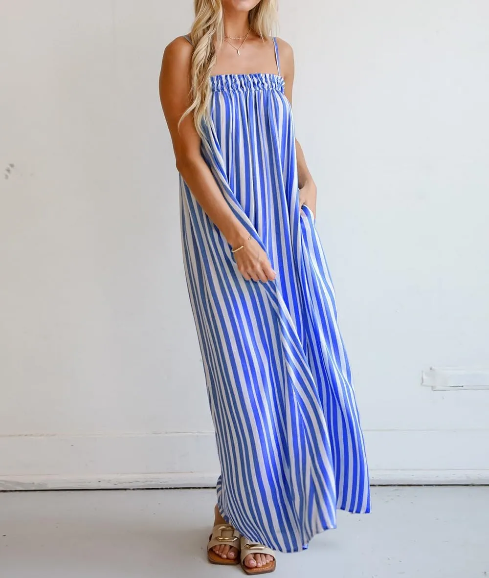 Women Y2K Spaghetti Strap Maxi Dress Boho Flowy Cami Dress Backless Loose Sundress Summer Holiday Beach Dress