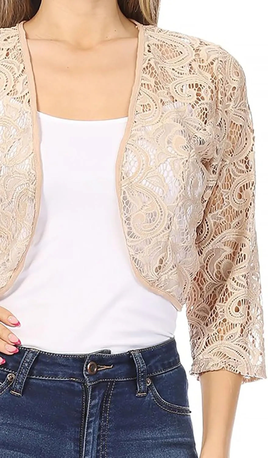 Women's Casual Lace Bolero Crochet Open Cardigan 3/4 Sleeve Sheer Cover Up Jacket