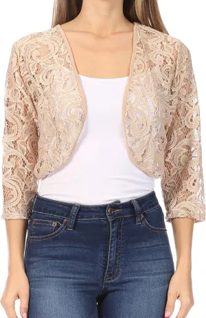Women's Casual Lace Bolero Crochet Open Cardigan 3/4 Sleeve Sheer Cover Up Jacket