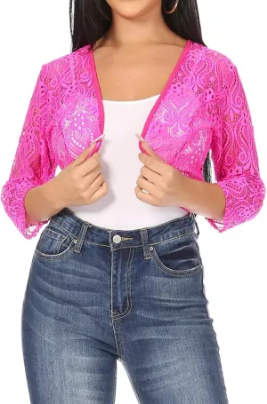 Women's Casual Lace Bolero Crochet Open Cardigan 3/4 Sleeve Sheer Cover Up Jacket