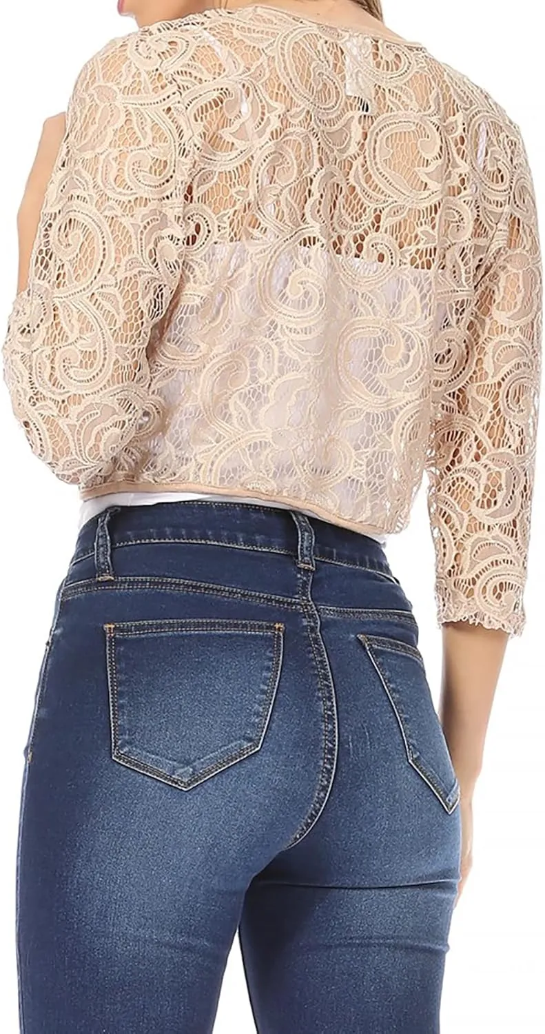 Women's Casual Lace Bolero Crochet Open Cardigan 3/4 Sleeve Sheer Cover Up Jacket