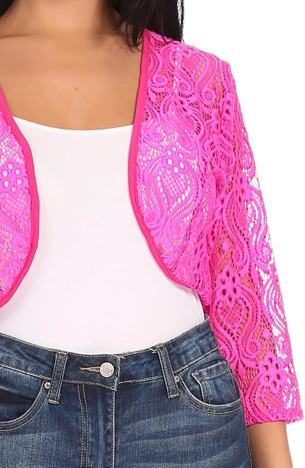 Women's Casual Lace Bolero Crochet Open Cardigan 3/4 Sleeve Sheer Cover Up Jacket