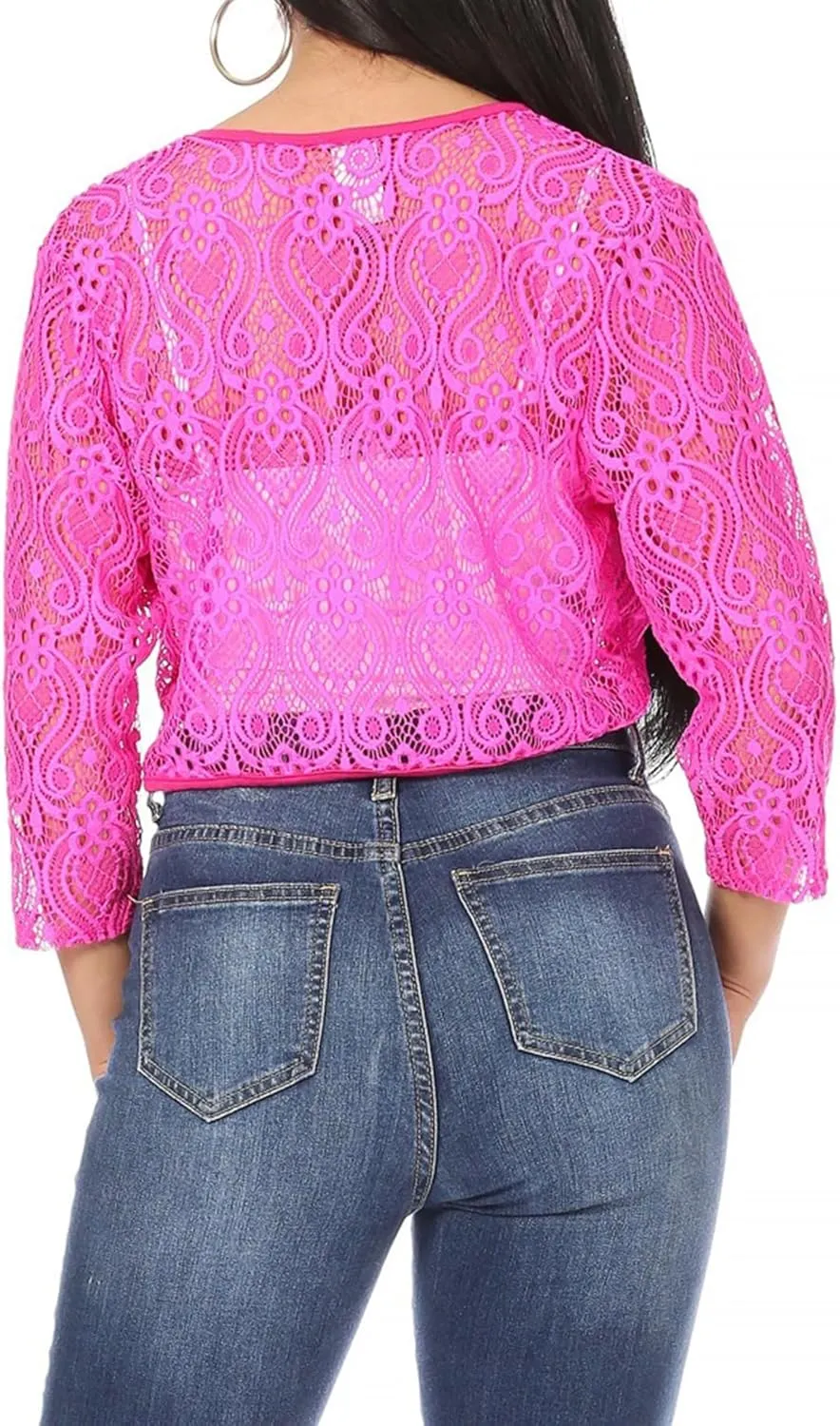 Women's Casual Lace Bolero Crochet Open Cardigan 3/4 Sleeve Sheer Cover Up Jacket