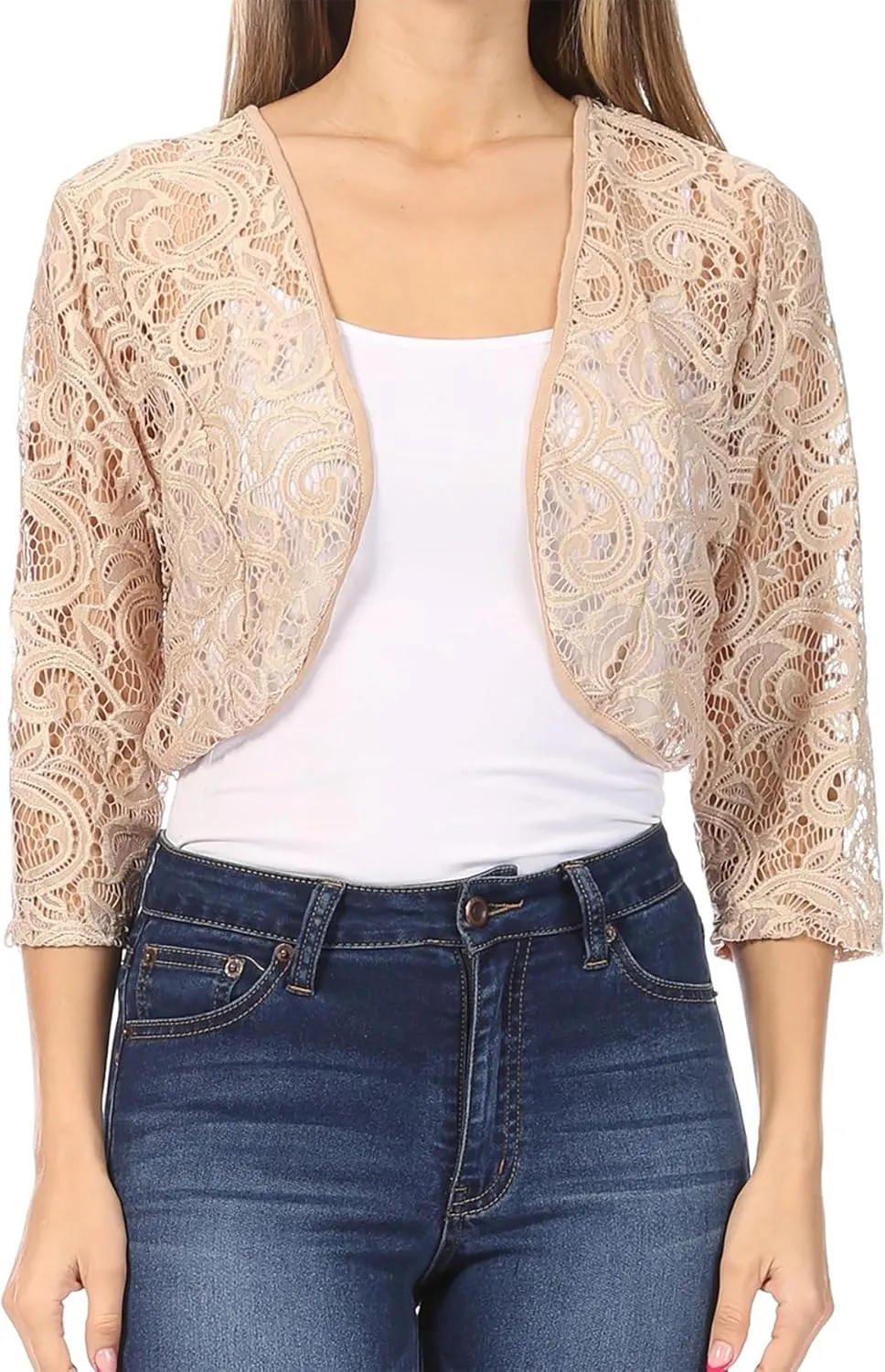 Women's Casual Lace Bolero Crochet Open Cardigan 3/4 Sleeve Sheer Cover Up Jacket