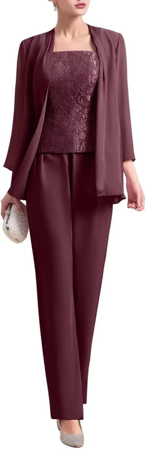 Womens Chiffon Pant Suits 3 Piece Mother of The Bride Dress Wedding Guest Dressy Outfit Evening Gowns