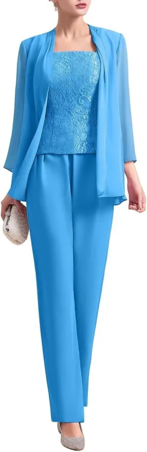 Womens Chiffon Pant Suits 3 Piece Mother of The Bride Dress Wedding Guest Dressy Outfit Evening Gowns