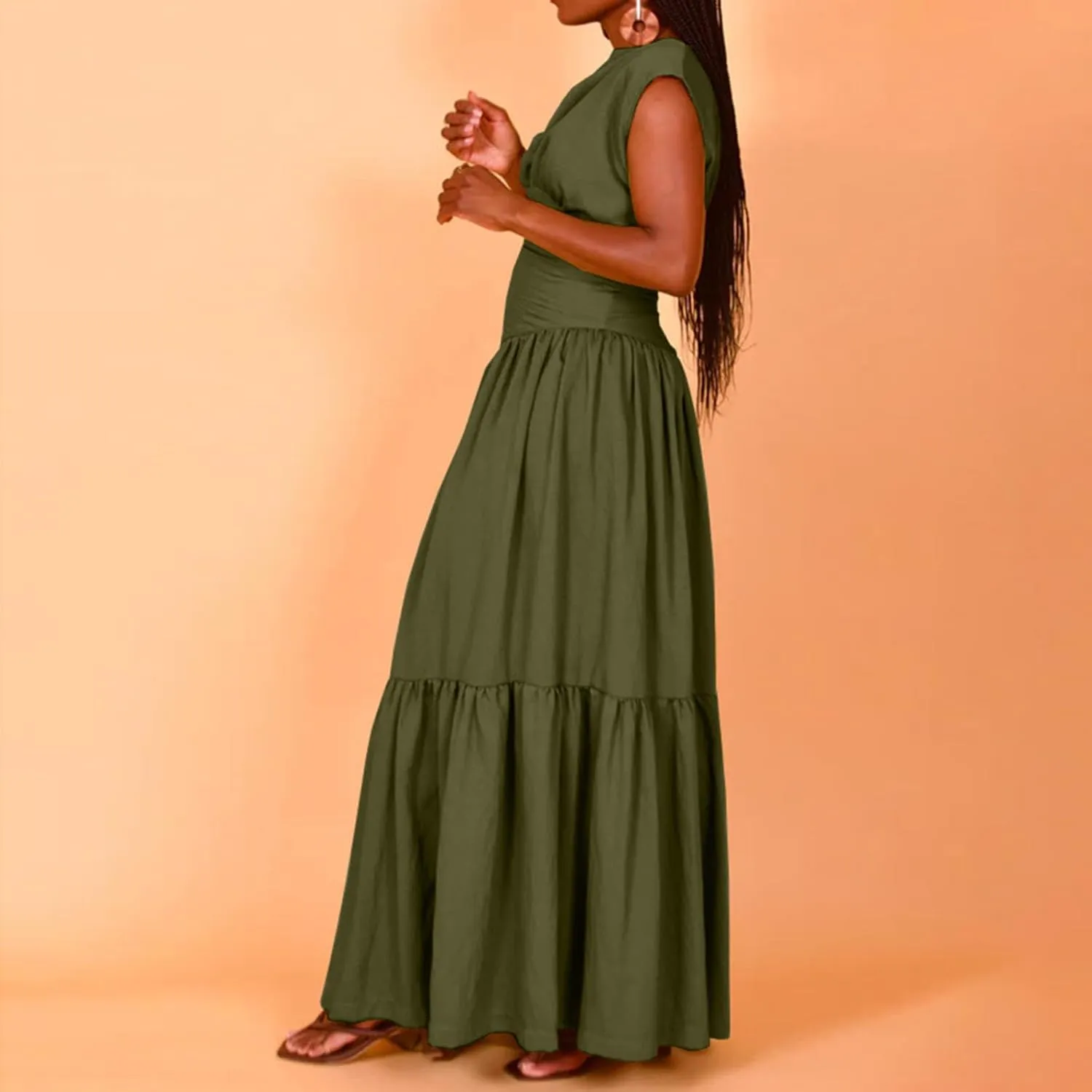 Women's Cocktail Dresses Dressy Casual Loose Sleeveless Ruffle Hem Pleated Flowy Long Maxi Dress Evening Party Dress