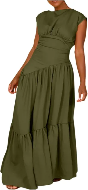 Women's Cocktail Dresses Dressy Casual Loose Sleeveless Ruffle Hem Pleated Flowy Long Maxi Dress Evening Party Dress