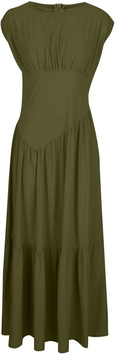 Women's Cocktail Dresses Dressy Casual Loose Sleeveless Ruffle Hem Pleated Flowy Long Maxi Dress Evening Party Dress