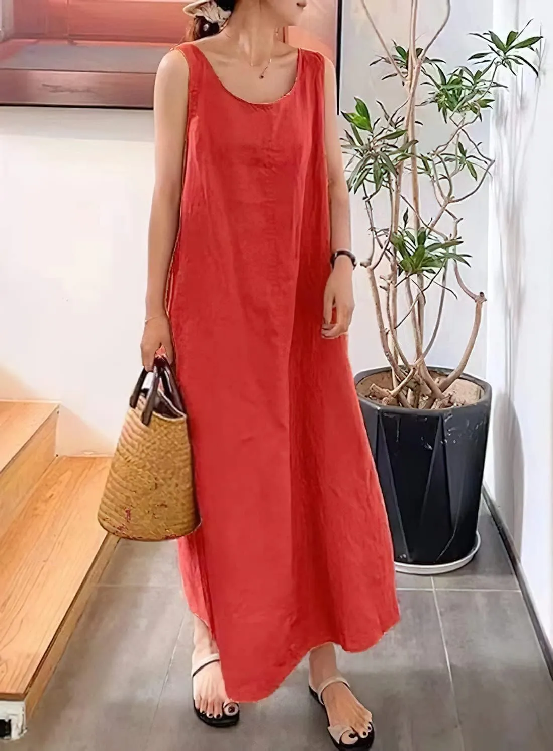 Womens Cotton Linen Sleeveless Beach Dresses Sundress Casual Maxi Tunic Tank Dress with Pocket