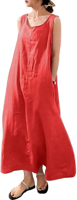 Womens Cotton Linen Sleeveless Beach Dresses Sundress Casual Maxi Tunic Tank Dress with Pocket