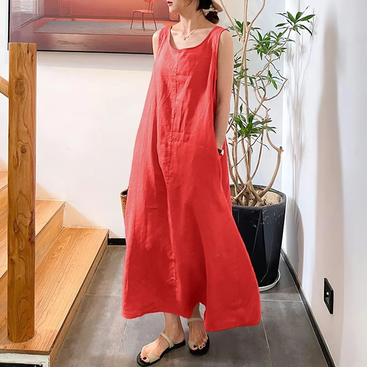 Womens Cotton Linen Sleeveless Beach Dresses Sundress Casual Maxi Tunic Tank Dress with Pocket