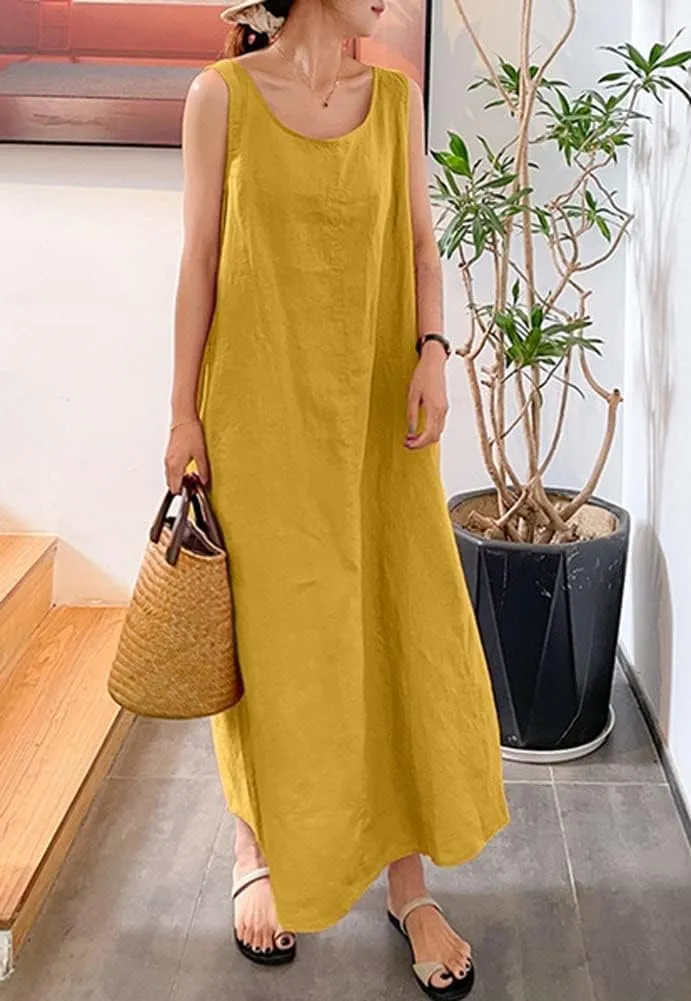 Womens Cotton Linen Sleeveless Beach Dresses Sundress Casual Maxi Tunic Tank Dress with Pocket