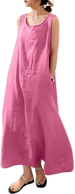 Womens Cotton Linen Sleeveless Beach Dresses Sundress Casual Maxi Tunic Tank Dress with Pocket