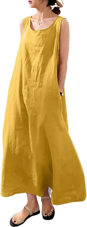 Womens Cotton Linen Sleeveless Beach Dresses Sundress Casual Maxi Tunic Tank Dress with Pocket