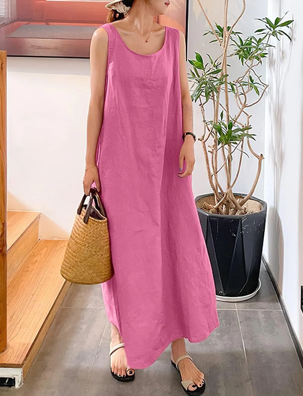 Womens Cotton Linen Sleeveless Beach Dresses Sundress Casual Maxi Tunic Tank Dress with Pocket
