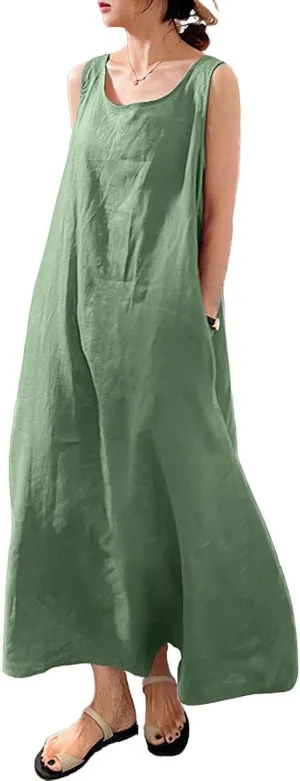 Womens Cotton Linen Sleeveless Beach Dresses Sundress Casual Maxi Tunic Tank Dress with Pocket