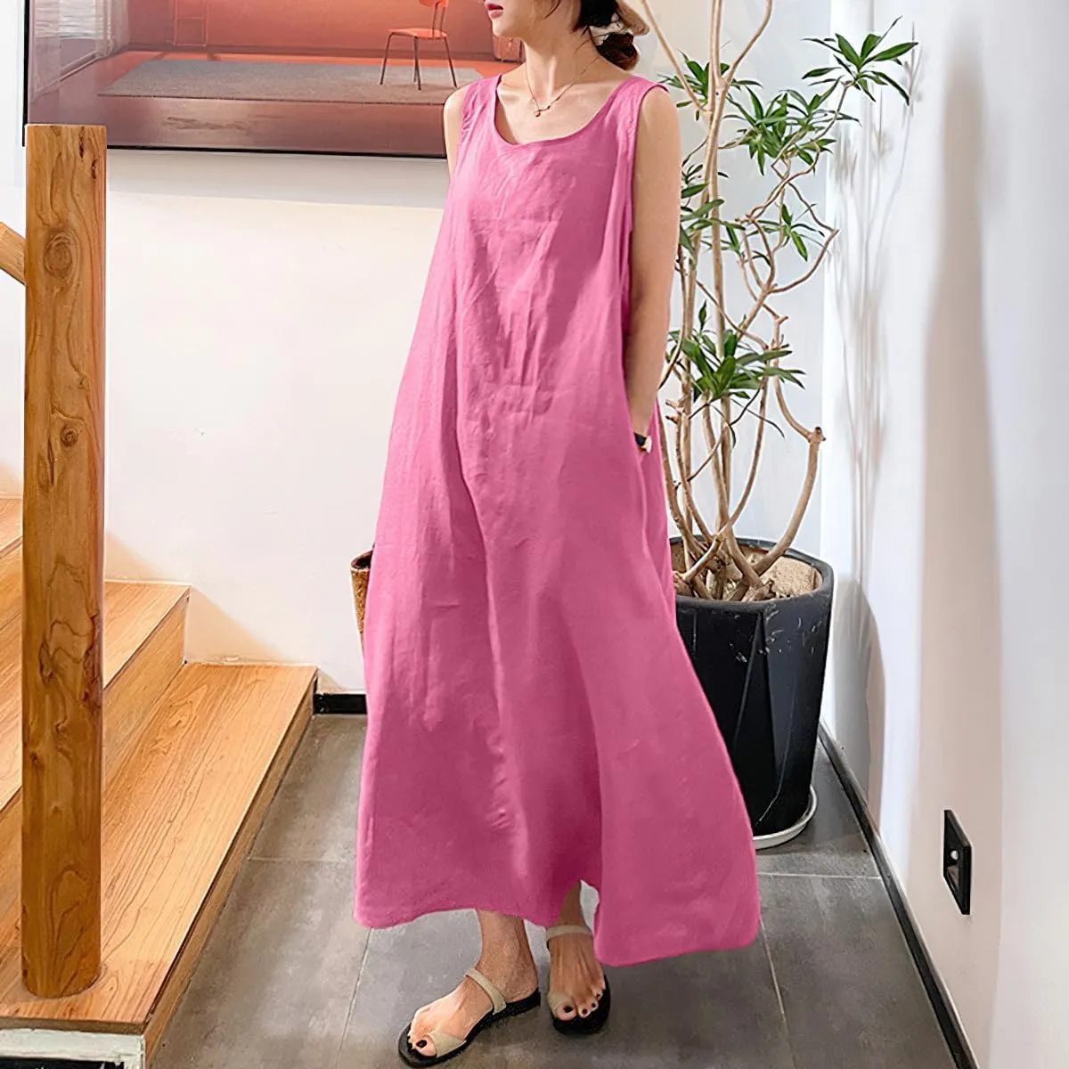 Womens Cotton Linen Sleeveless Beach Dresses Sundress Casual Maxi Tunic Tank Dress with Pocket