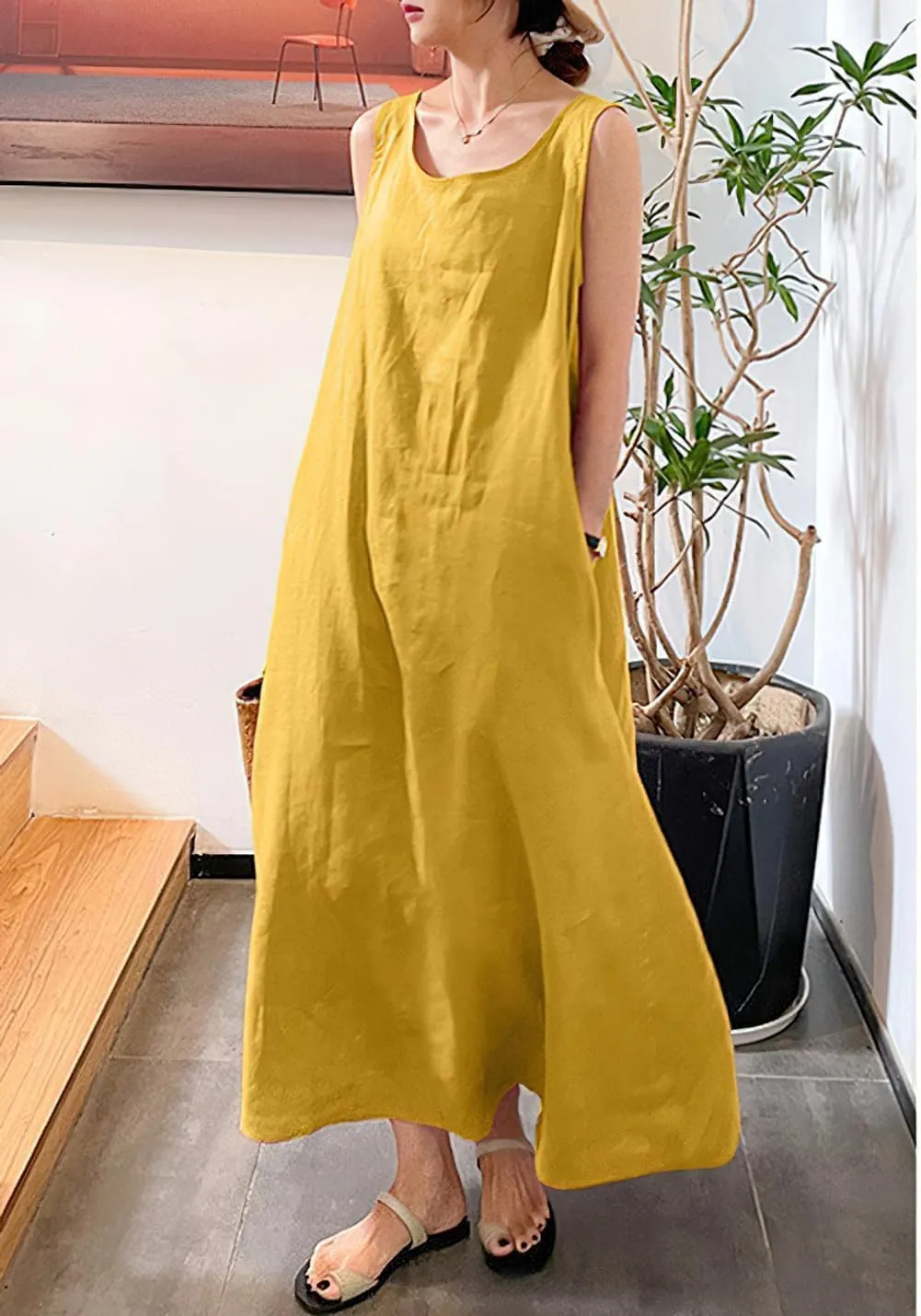 Womens Cotton Linen Sleeveless Beach Dresses Sundress Casual Maxi Tunic Tank Dress with Pocket