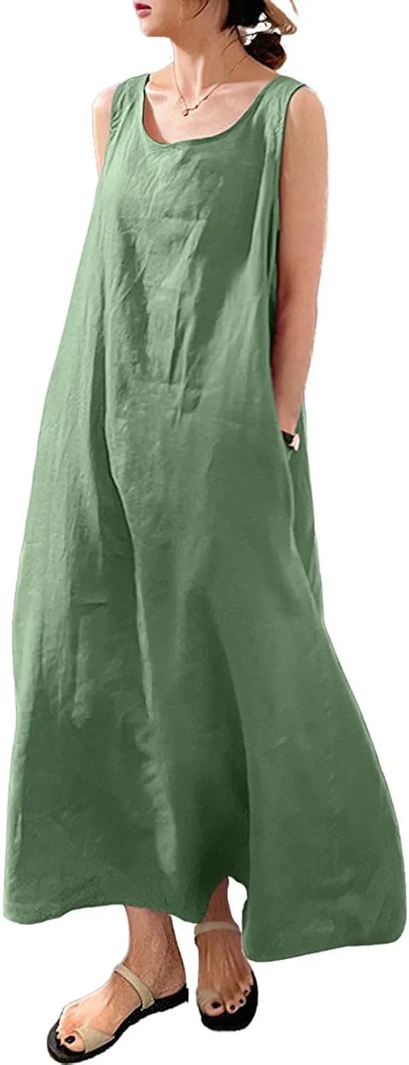 Womens Cotton Linen Sleeveless Beach Dresses Sundress Casual Maxi Tunic Tank Dress with Pocket