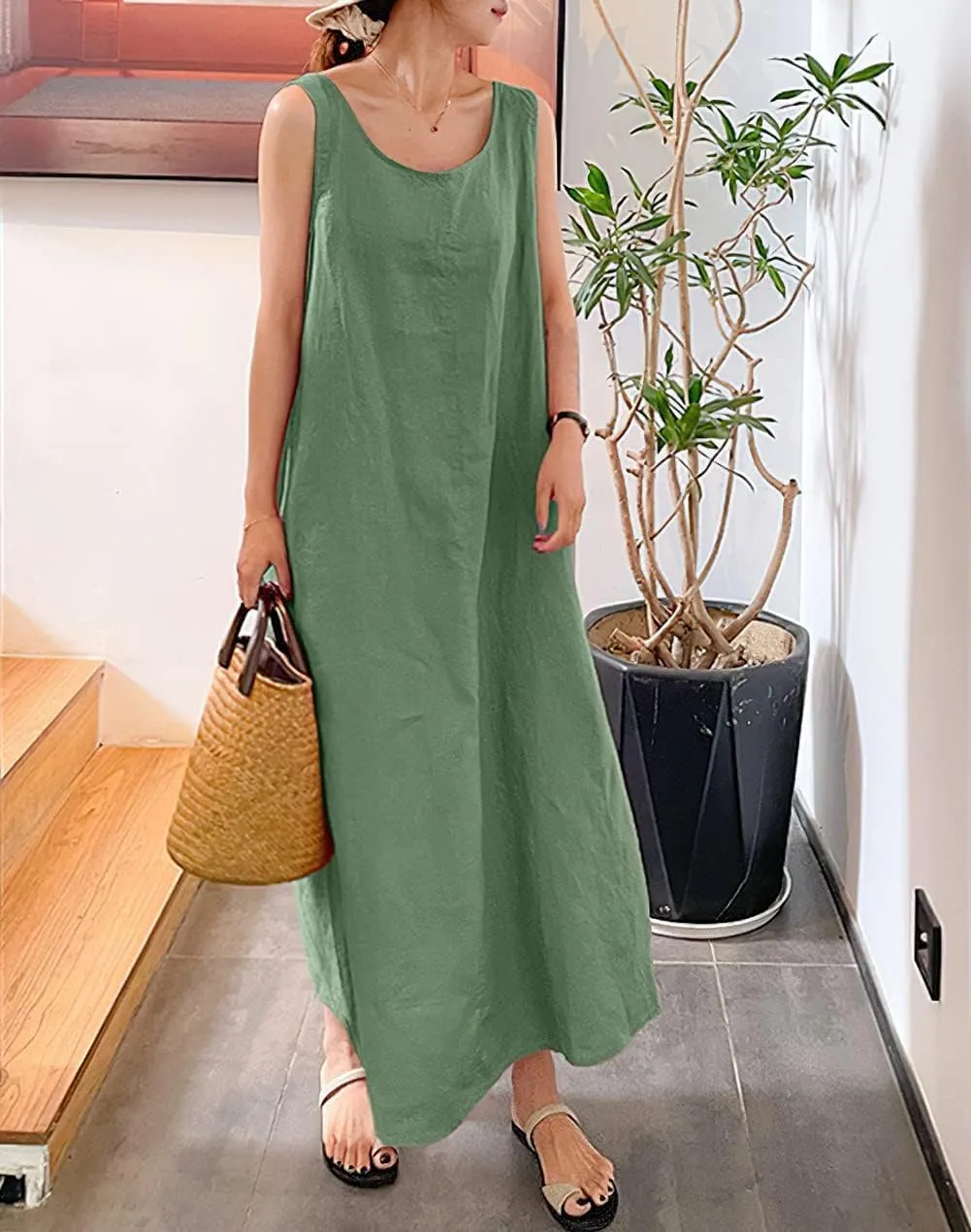 Womens Cotton Linen Sleeveless Beach Dresses Sundress Casual Maxi Tunic Tank Dress with Pocket