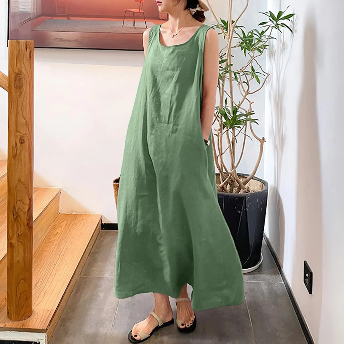 Womens Cotton Linen Sleeveless Beach Dresses Sundress Casual Maxi Tunic Tank Dress with Pocket