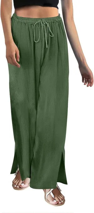 Women's Cotton Linen Summer Palazzo Pants Summer Drawstring Cotton and Linen Split High Waist Comfy White Gauze