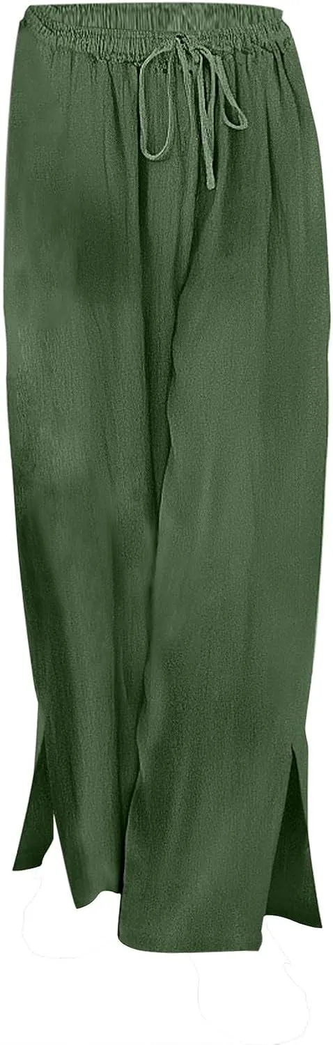 Women's Cotton Linen Summer Palazzo Pants Summer Drawstring Cotton and Linen Split High Waist Comfy White Gauze