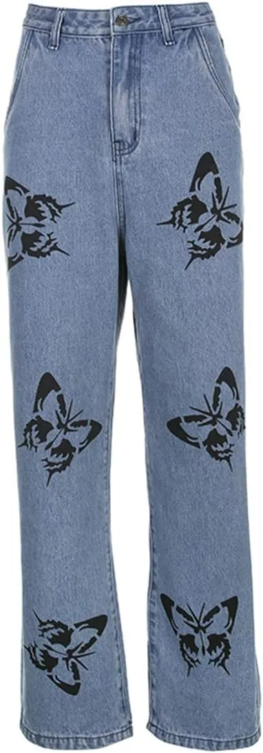 Women's Denim Wide Leg Pant Fashion High Waist Butterfly Printed Baggy Loose Fit Straight Long Trousers
