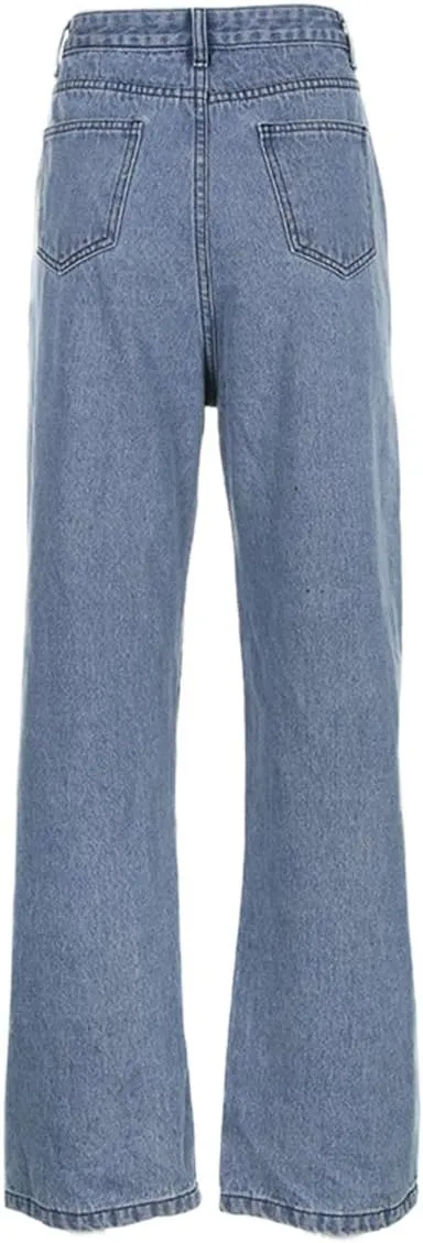Women's Denim Wide Leg Pant Fashion High Waist Butterfly Printed Baggy Loose Fit Straight Long Trousers