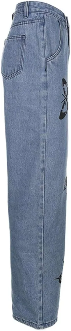 Women's Denim Wide Leg Pant Fashion High Waist Butterfly Printed Baggy Loose Fit Straight Long Trousers