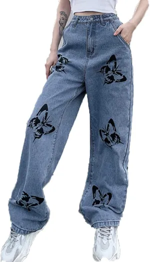 Women's Denim Wide Leg Pant Fashion High Waist Butterfly Printed Baggy Loose Fit Straight Long Trousers