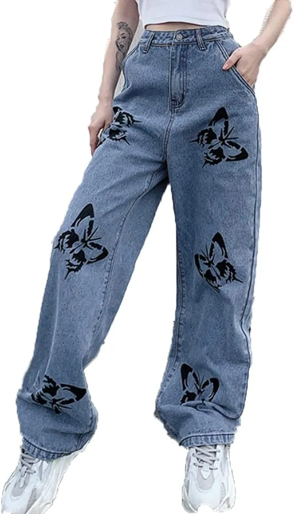 Women's Denim Wide Leg Pant Fashion High Waist Butterfly Printed Baggy Loose Fit Straight Long Trousers