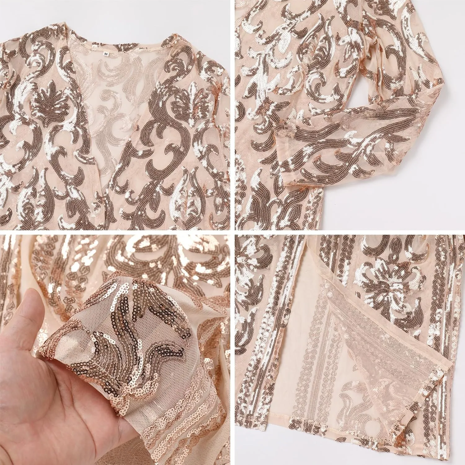 Women's Fashion Duster Cardigan Sparkle Sequins Long Sleeve Open Front Coat Dress Party Prom Cover Up