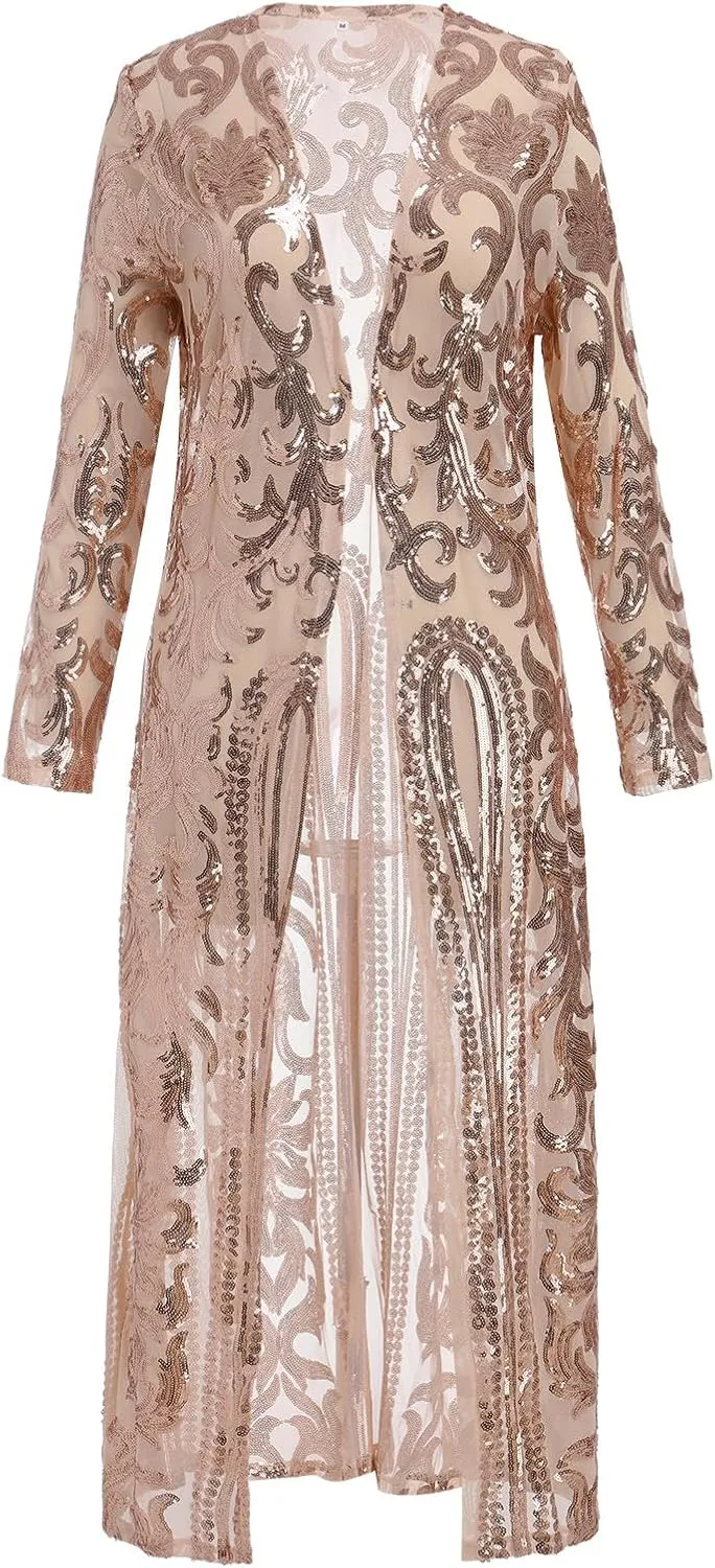 Women's Fashion Duster Cardigan Sparkle Sequins Long Sleeve Open Front Coat Dress Party Prom Cover Up
