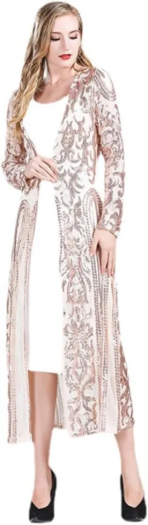 Women's Fashion Duster Cardigan Sparkle Sequins Long Sleeve Open Front Coat Dress Party Prom Cover Up