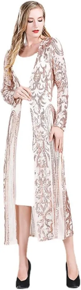 Women's Fashion Duster Cardigan Sparkle Sequins Long Sleeve Open Front Coat Dress Party Prom Cover Up