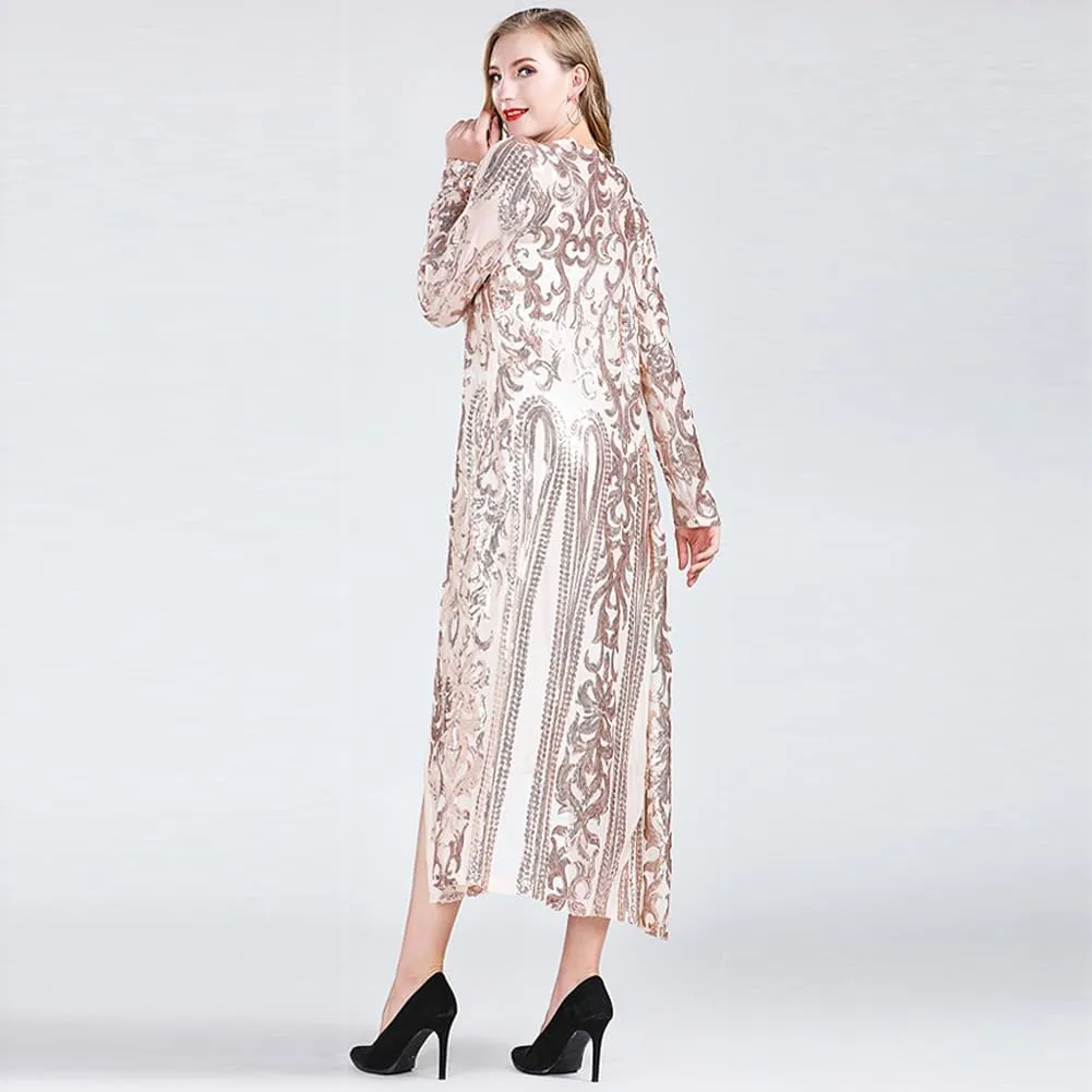 Women's Fashion Duster Cardigan Sparkle Sequins Long Sleeve Open Front Coat Dress Party Prom Cover Up
