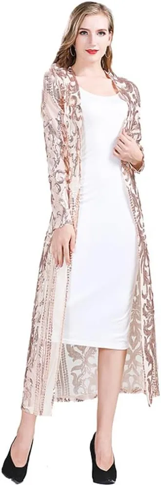 Women's Fashion Duster Cardigan Sparkle Sequins Long Sleeve Open Front Coat Dress Party Prom Cover Up