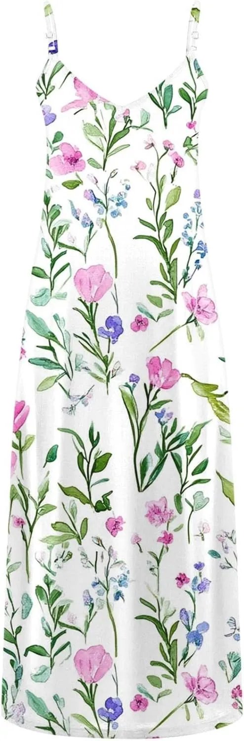 Womens Floral Sundresses Spaghetti Strap Summer Dresses Sleeveless V Neck Maxi Dress Sexy A Line Beach Cami Dress