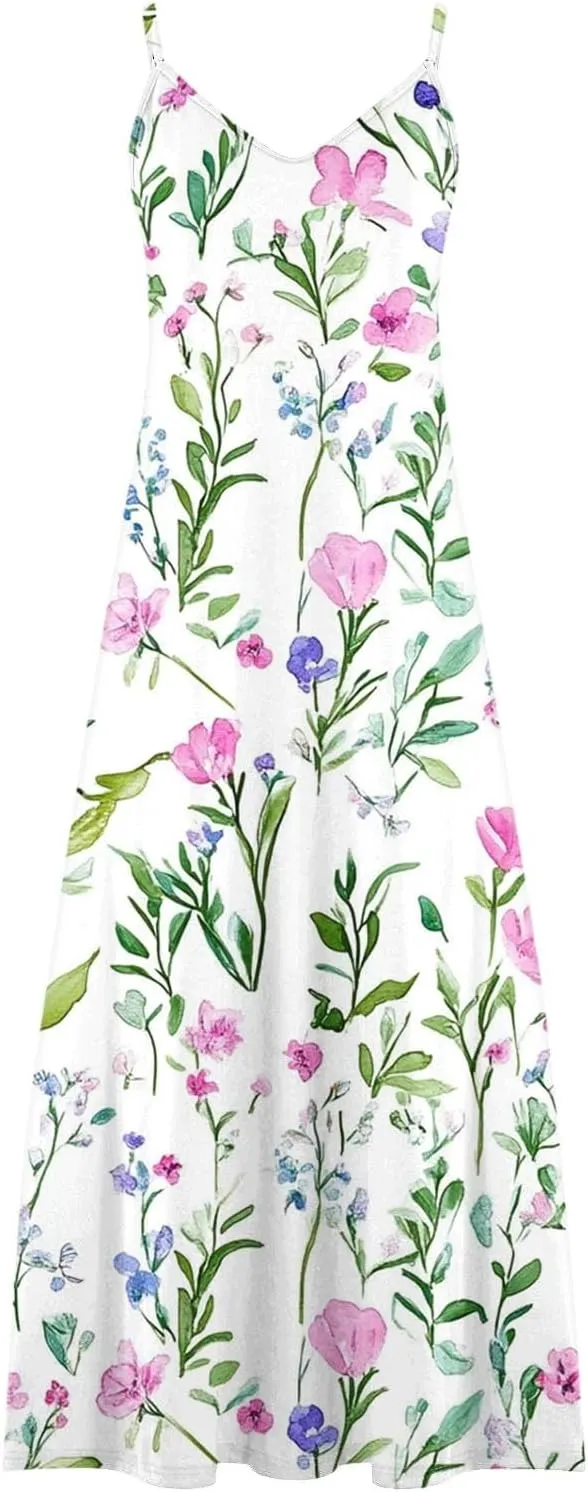 Womens Floral Sundresses Spaghetti Strap Summer Dresses Sleeveless V Neck Maxi Dress Sexy A Line Beach Cami Dress